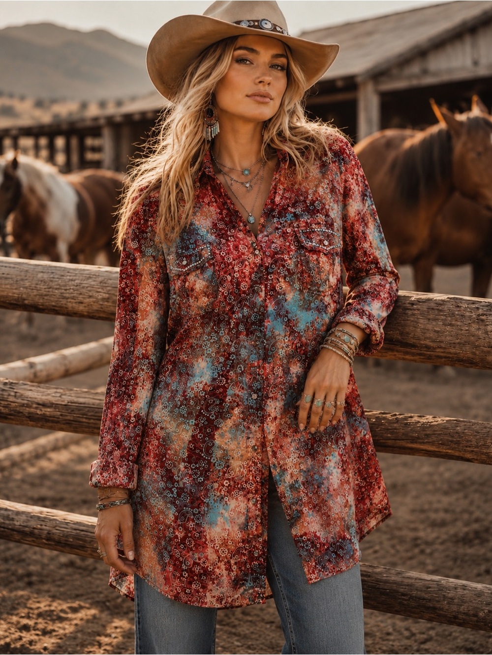 “A Rare Bird” L Snap Front Bandanna Print Tunic Embellished with Rhinestones